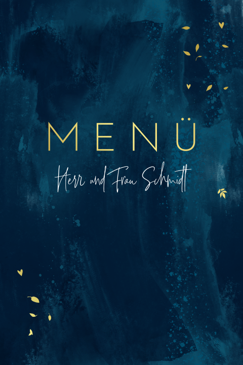 Menükarte mit blauen Pinselstrichen und Goldfolie