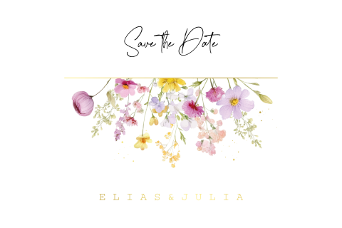 Florale Save the Date Karte mit Blumenranke und Goldfolie