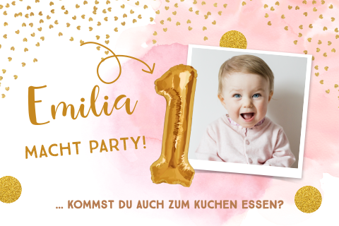 Einladung Kindergeburtstag Aquarell mit Punkten, Schrift und Herzchen