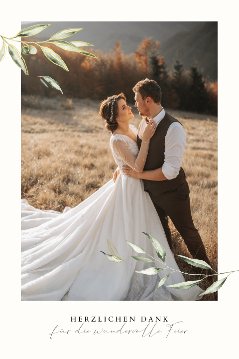 Mediterrane Dankeskarte Hochzeit mit großem Foto und Olivenzweigen