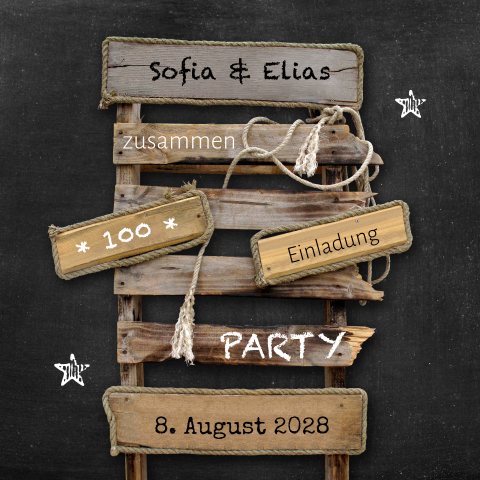 Einladungskarte zusammen 100 Jahre mit Wegweiser im Schultafel-Look