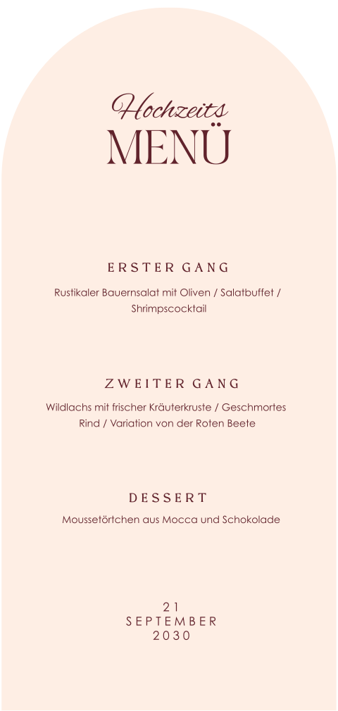 Bogenförmige Menükarte zur Hochzeit in Rosa und Rot mit Initialen
