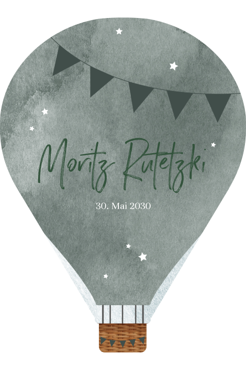Geburtskarte blauer Luftballon mit weißen Girlanden