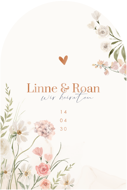 Romantische Hochzeitskarte in Bogenform mit Aquarellblumen und Hochglanz