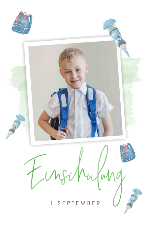 Einladung zur Einschulung mit Foto, Schultüte und Hochglanz