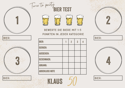 Tischset zum 50. Geburtstag mit Bier Bewertungsspiel oder Test