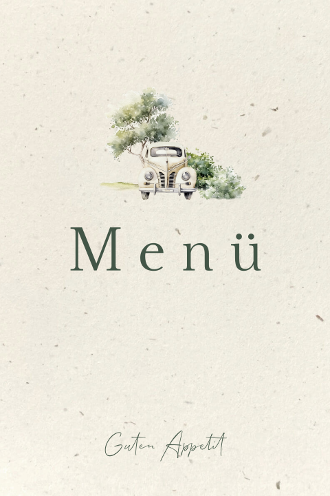 Romantische Menükarte mit klassischem Auto, Baum und Tauben