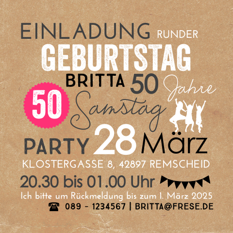 Quadratische Einladung zum 50. Geburtstag im Kraftlook