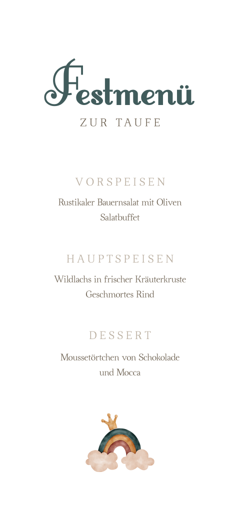 Menükarte mit Wolken, Krone und Regenbogen