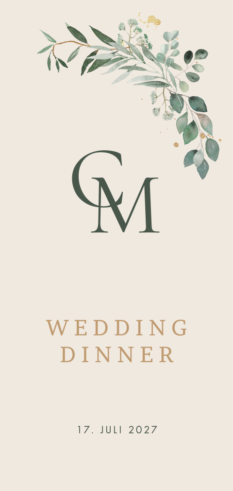 Menükarte auf hellem Hintergrund mit Initialen des Brautpaars und Euka