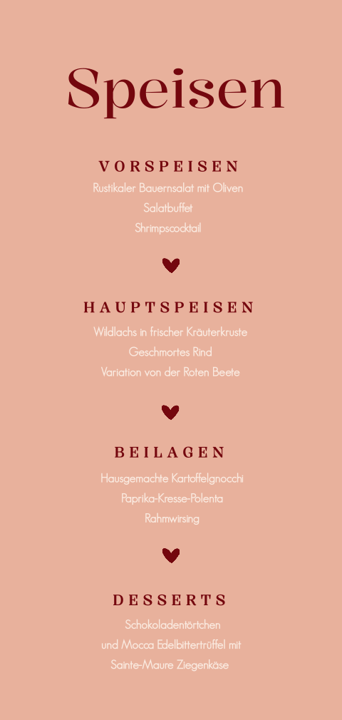 Romantische Menükarte in trendige Farben mit Herzen