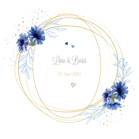 Hochzeitskarte mit geometrischem Muster und blauen Blumen