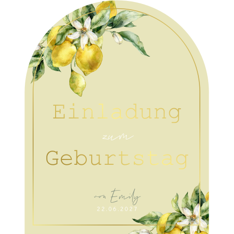 Sommerliche Geburtstageinladung in Grün mit Zitronen und Goldfolie