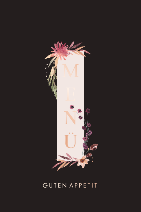 Menükarte mit rosa Blumen auf schwarzem Hintergrund
