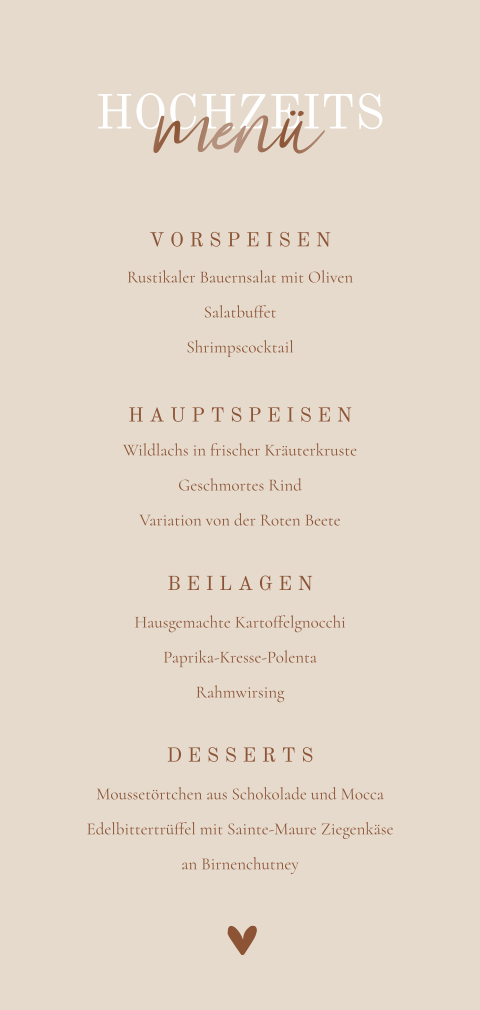 Schlichte Menükarte für Hochzeit in gedeckten Farben