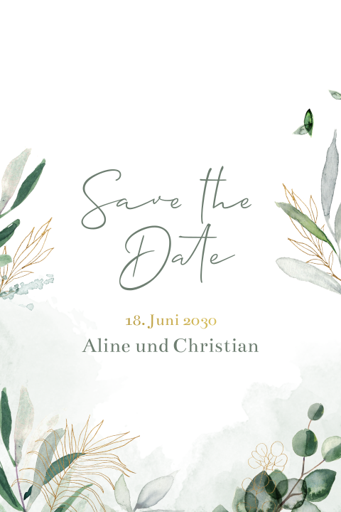 Goldfolie Save the Date Karte mit Eukalyptuszweigen und Aquarellfarbe
