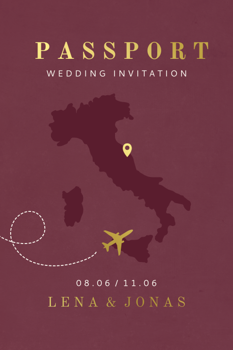Hochzeitseinladung Reisepass in Rot mit Goldfolie