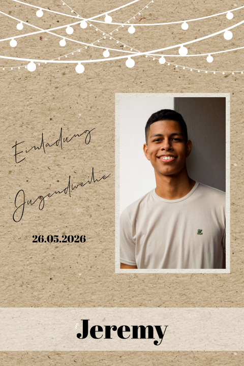 Einladung zur Jugendweihe im Kraft-Look auf der Vorderseite und Foto