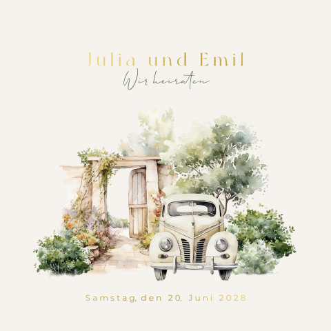 Romantische Einladung zur Hochzeit mit Torbogen und klassischem Auto