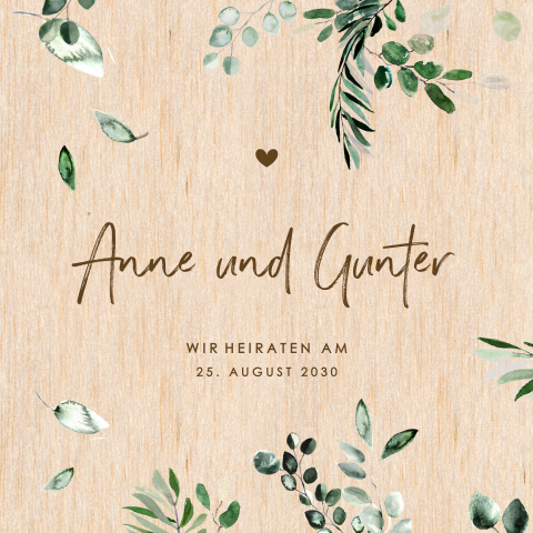 Ästhetische Hochzeitseiladung auf Holz mit Aquarell-Zweigen