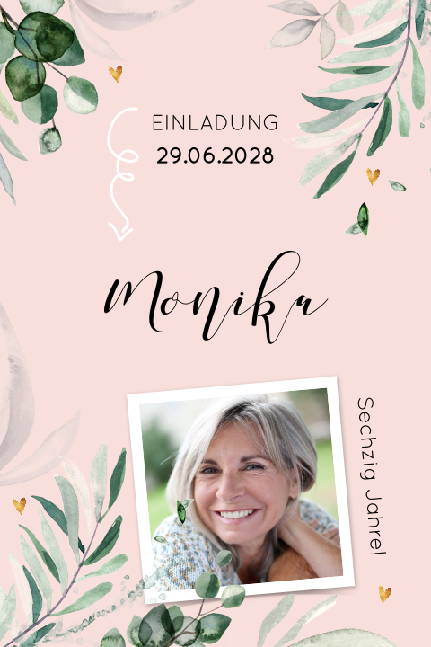 Schicke Einladung zum 60 mit dekorativen Zweigen und Herzchen