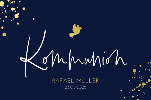 Edle Einladung zur Kommunion in dunkelblau mit Goldfolie und Fotos