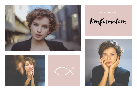 Einladung zur Konfirmation mit Fotos und altrosa Textfeldern