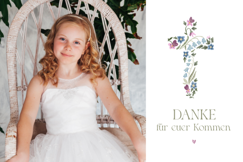 Dankeskarte Kommunion mit Kreuz aus Blumen