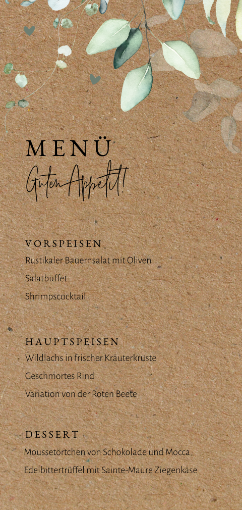 Botanische Menükarte im Kraftlook mit Aquarellzweige