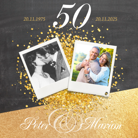 Fotokarte zur Goldhochzeit mit Tagesplan und goldgelben Farben