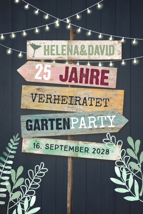 Einladung Silberhochzeit Gartenparty mit Wegweiser und Lichterkette