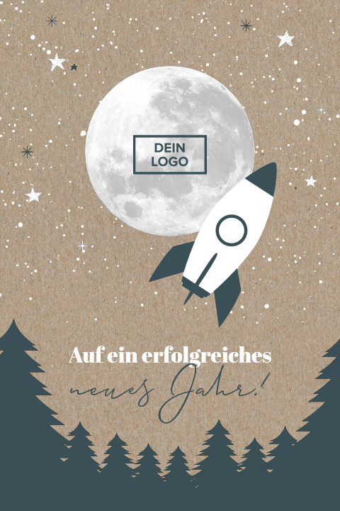 Geschäftliche Neujahrskarte mit Mond, Rakete und Logo auf Kraftpapier