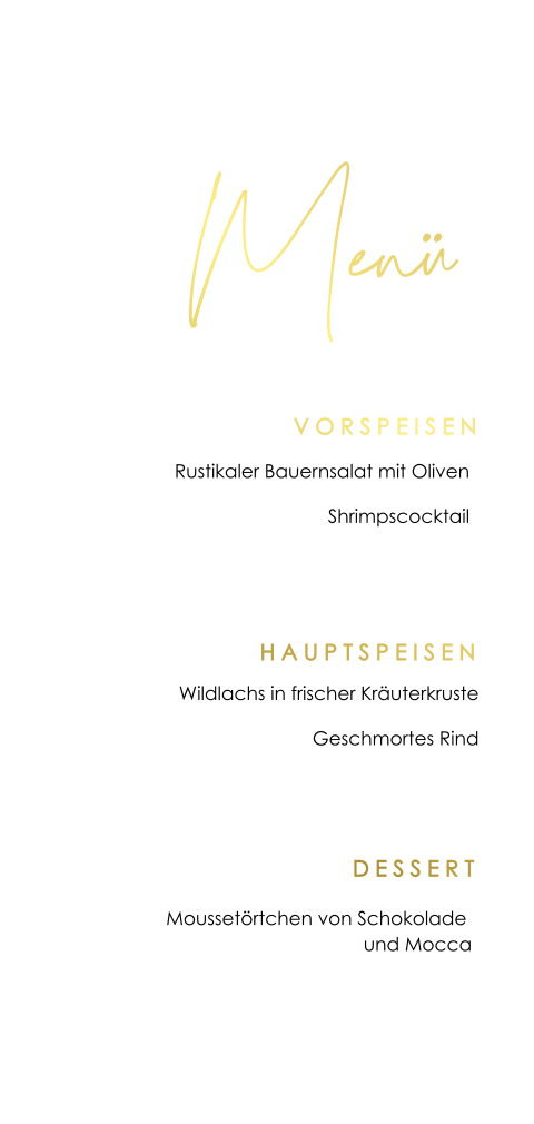 Schicke doppelseitige Menükarte mit Goldfolie