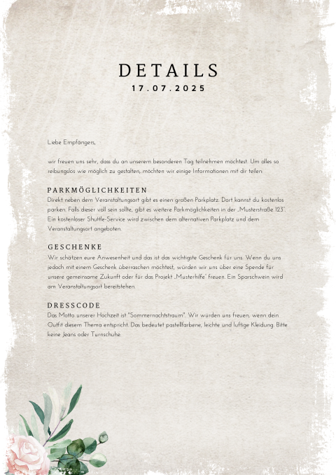 Vintage Einlegeblatt A4 mit dezenten Blumen