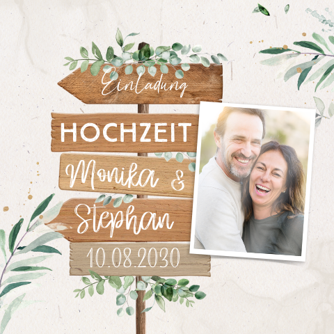 Botanische Hochzeitseinladung mit Wegweiser und Zweigen