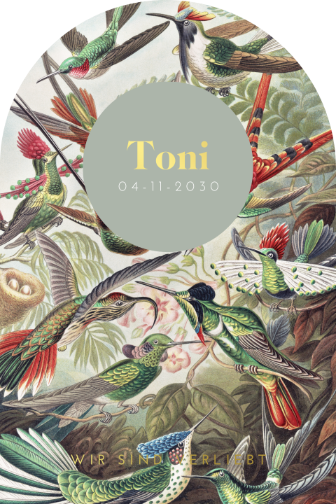 Bunte Geburtskarte mit Foto, Kolibris und Goldfolio in Bogenform