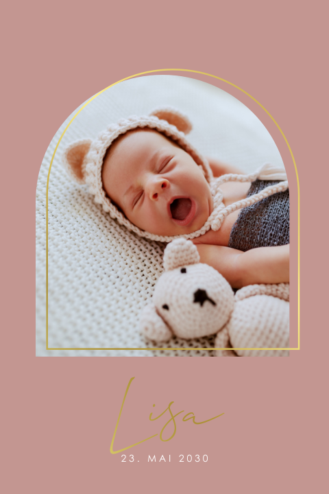 Stilvolle Geburtskarte mit abgerundeten Ecken und Babyfoto