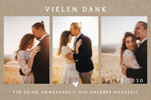 Klassische Dankeskarte Hochzeit mit drei Fotos und Herz