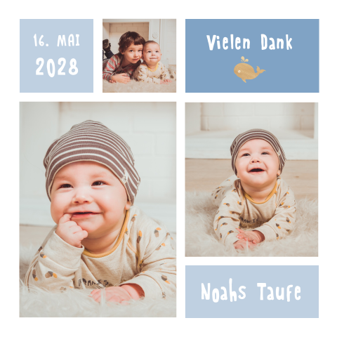 Dankeskarte Taufe mit vielen Fotos, in blau und einem Wal