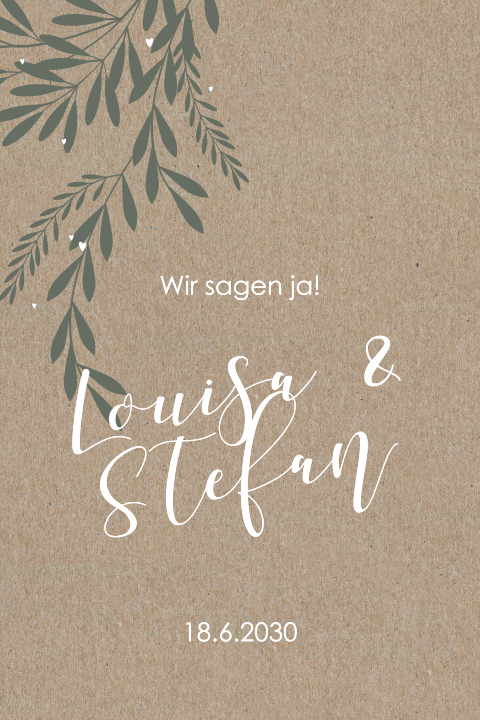 Florale Kraftpapier Hochzeitskarte mit grünen Zweigen