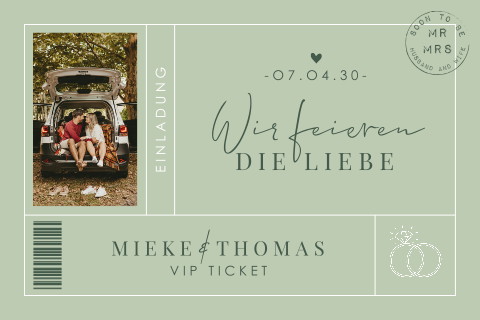 Grüne Hochzeitseinladung in Ticketform