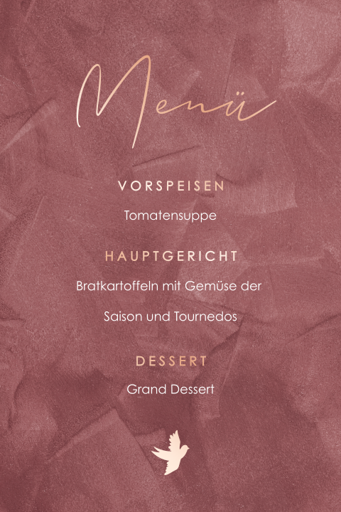 Schöne Menükarte mit Taube auf Samtoptik und Roségoldfolie