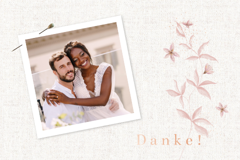 Vintage Dankeskarte mit rosa Blumen und Foto