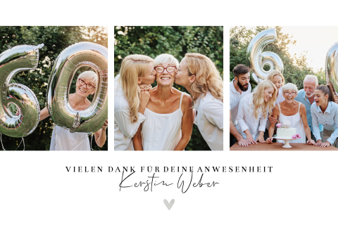Danksagung zum 60. Geburtstag mit drei Fotos und Herzchen