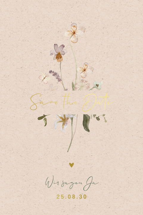 Save the Date-Karte mit Blumen, Goldfolie und runden Ecken