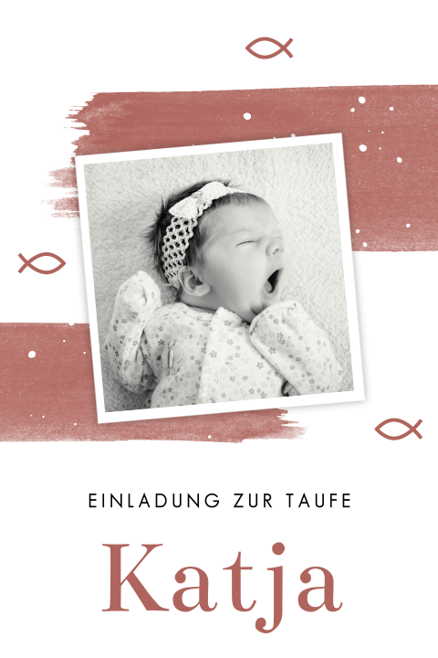 Hippe Einladung zur Taufe mit Fisch-Symbolik und roten Farbstreifen