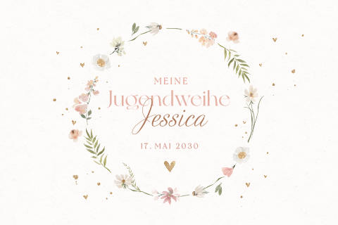 Romantische Einladung zur Jugendweihe mit Blumenkranz und Herzchen