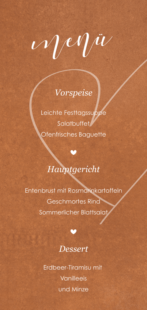 Vintage Menükarte mit dezentem Herz und rostbraunem Hintergrund