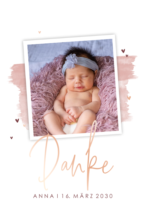 Roségoldfolie Dankeskarte mit Foto und rosa Farbstreifen