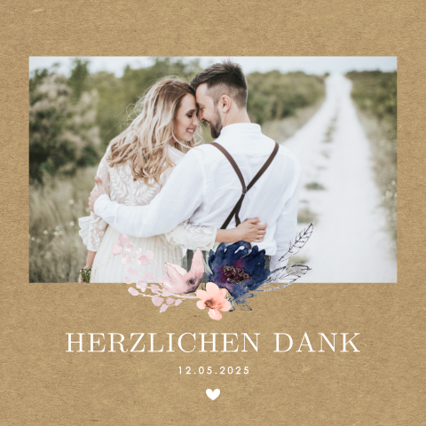 Stilvolle Kraft-Look Dankeskarte mit Foto und Aquarell-Blumen